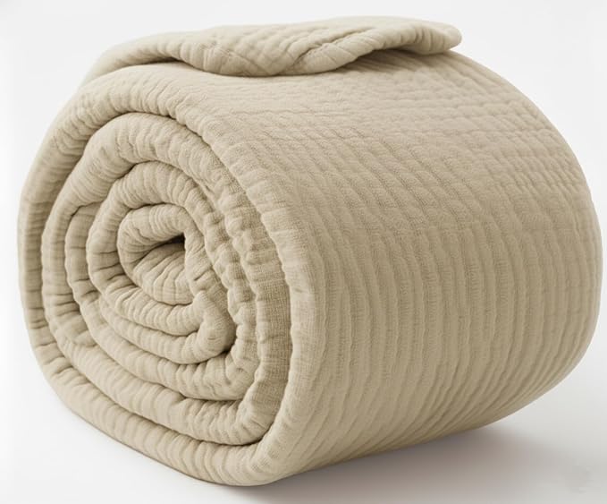 KyraHome Muslin Blankets for Adults, Couch 50"x60", 100% Organic Cotton Throw Blanket, Plant-Dyed, Breathable Lightweight Summer Throw Blanket, All Season (Oatmeal Khaki Tan)