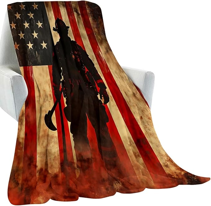 Firefighter Retro Blanket Gifts for Heroes Adult,American Flag Vintage Throw Blankets,Soft Comfy Lightweight for Room Couch Bed Sofa Modern Bold Decor,Patriotic Lover 60x50in