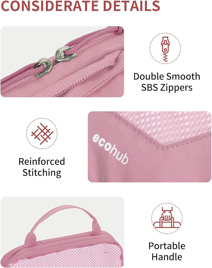 ECOHUB 4 Set Compression Packing Cubes for Travel Essentials, Suitcases Organizer Bags with Tag, Travel Bags Organizer for Luggage, Dusty Rose-Compress