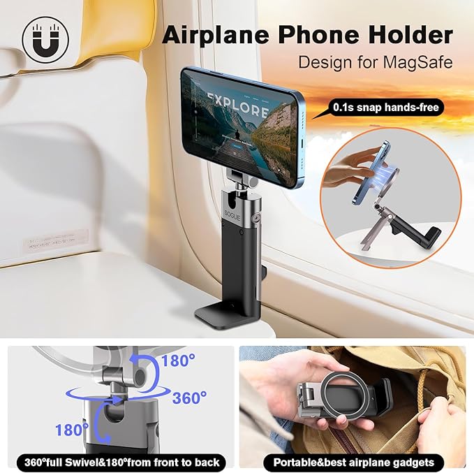 Airplane Travel Essentials Men Phone Holder,Plane Phone Mount for MagSafe,Foldable Magnetic Phone Stand for Desk 360° Swivel Universal in Airplane Gadgets Spring Break Essentials for iPhone 17