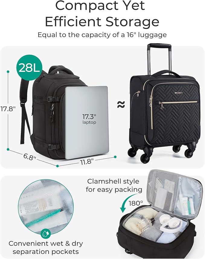 BAGSMART Travel Backpack Carry on Flight Approved, 28L Lightweight Backpack Fits 17.3 Inch Laptop for Men Women, Water Resistant Personal Item Travel Bag with USB Charging Port, Black