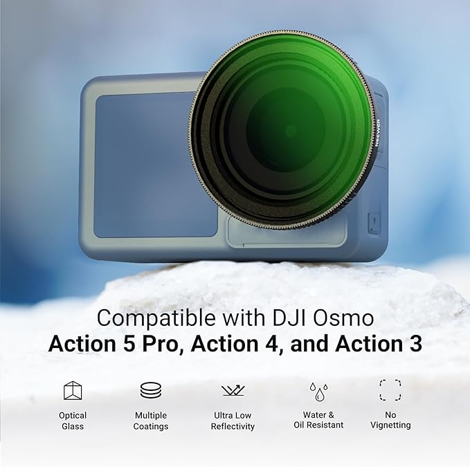 NEEWER Variable ND Filter Compatible with DJI Osmo Action 5 Pro/4/3, ND2-32 1-5 Stops Snap On Multicoated HD Optical Glass Neutral Density Action Camera Lens Filter Accessories
