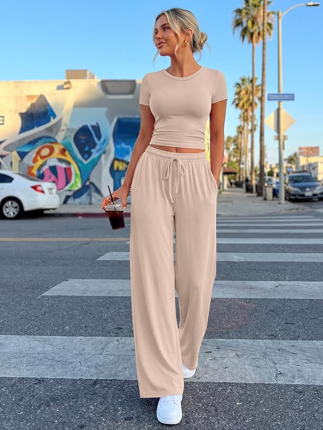 Trendy Queen 2 Piece Matching Summer Lounge Set Womens Side Ruching Top Wide Leg Pants Sets with Pockets