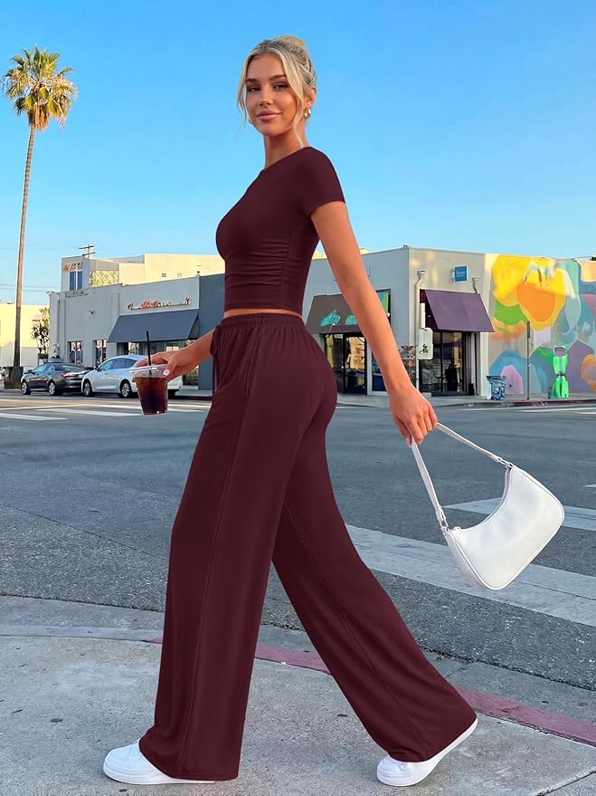 Trendy Queen 2 Piece Matching Summer Lounge Set Womens Side Ruching Top Wide Leg Pants Sets with Pockets