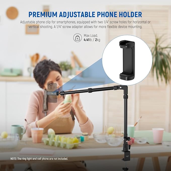 NEEWER 45.5" Overhead Camera Desk Stand, Aluminum 4 Section Magic Mic Boom Arm with C Clamp Mount Holder, for Webcam LED Light Microphone Streaming Zoom Video Recording, Max Load 4.41lb, DS023