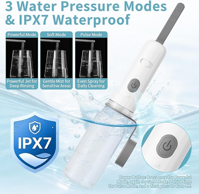 Portable Bidet for Travel with 260ML Bottle, Rechargeable Electric Bidet Bottle for Women Men Baby Cleaning, Waterproof High Pressure Sprayer for Personal Hygiene (White & Gray)