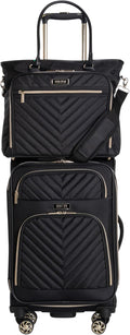 Kenneth Cole REACTION Chelsea 2-Piece Bundle - 20" Chevron Expandable 8-Wheel Carry-On Suitcase & Matching 15" Laptop Tote Bag, Black
