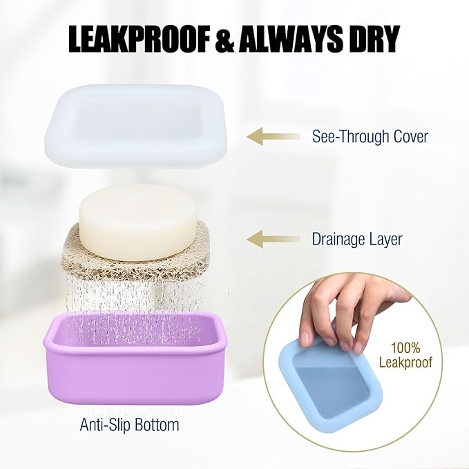 OTHIX 2 Pack Leakproof Silicone Travel Soap Case Travel Essentials-Small Bar Soap Holder Container with Drainage Layer & Mini Portable Soap Dish for Shampoo Bars, Gym, Camping (Cream & Light Purple)