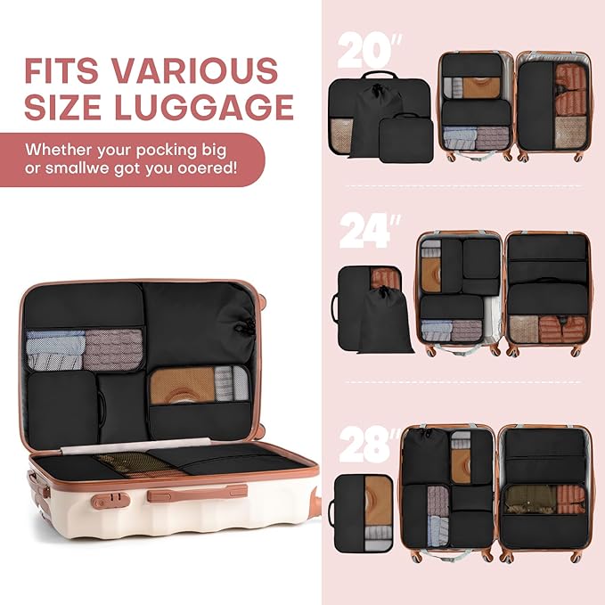 SDGFUI 8 PCS Compression Packing Cubes for Travel Women, Compression Organizer for Luggage Space Saving Travel Essentials and Carry on, Luggage Organizer Bags for Suitcase - Black
