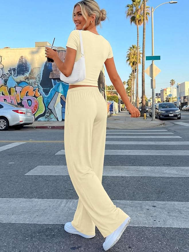 Trendy Queen 2 Piece Matching Summer Lounge Set Womens Side Ruching Top Wide Leg Pants Sets with Pockets