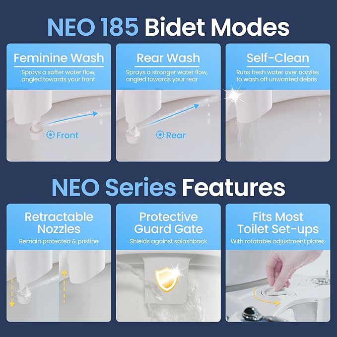 LUXE Bidet NEO 185 - Dual Nozzle, Self-Cleaning, Non-Electric Bidet Attachment for Toilet Seat, Adjustable Water Pressure, Rear & Feminine Wash (Gold)