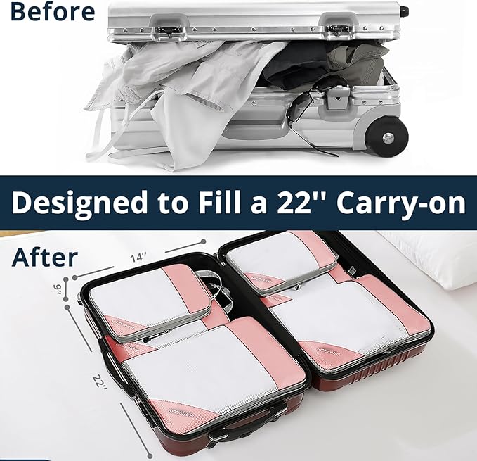 NICOSHOW Compression Packing Cubes 6 Set, Compressible Space-Saving Packing Cubes for Travel - Compression Bags, Luggage Organizer, Travel Essentials for Women, Pink