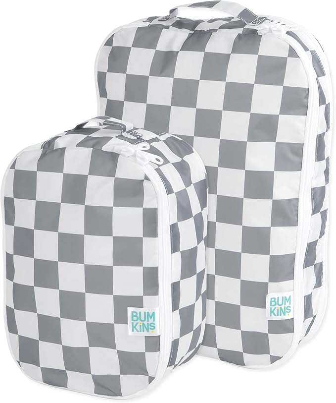 Bumkins Packing Cubes for Travel Bag, Organize Luggage with Compression Bags, Essential Traveling Accessories to Pack Carry On Suitcase, Must for Clothes or Toiletries, Set of 2 Sizes, Gray Check