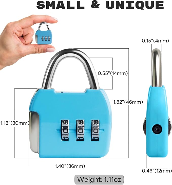 Small Combination Padlock, 3 Digit Combination Zipper Lock, Travel Safe Code Lock, Mini Combo Suitcase Locks for Luggage, Backpack, Bag, Box, Diary, Locker (Blue+Blue, 2-Pack)