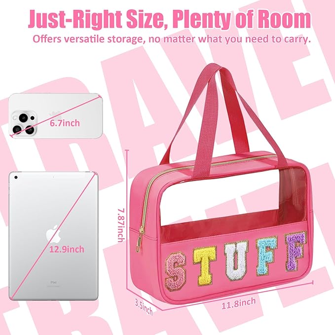BuyCard Chenille Letter Patch Clear Travel Bags, Preppy PVC&Nylon Makeup Bag with Handle and Zipper, Waterproof Large Clear Travel Toiletry Bag Storage Bag for Women Girls