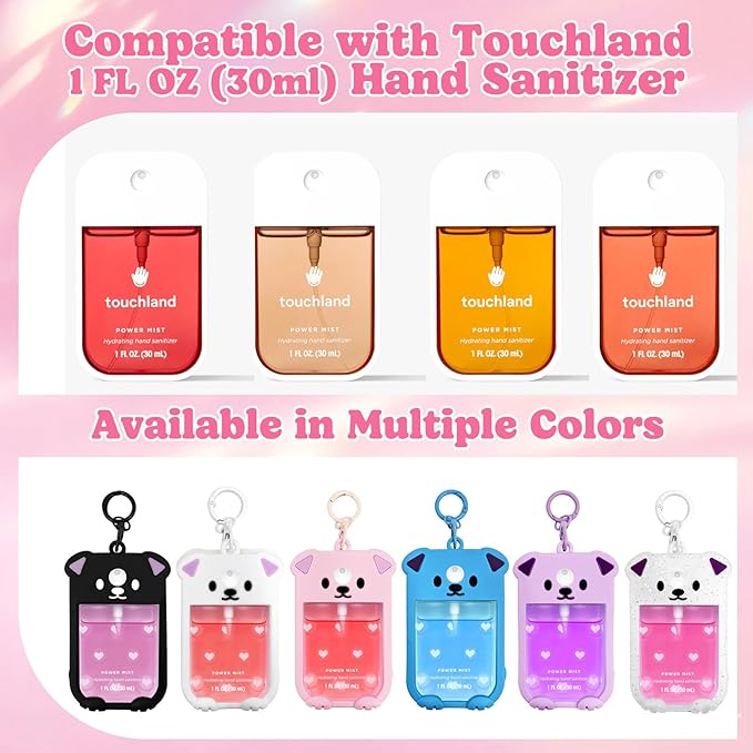 Puppy Silicone Case for Touchland Hand Sanitizer Spray 1 floz (30ml), Cute Dog Cover with Keychain & 5 Charms