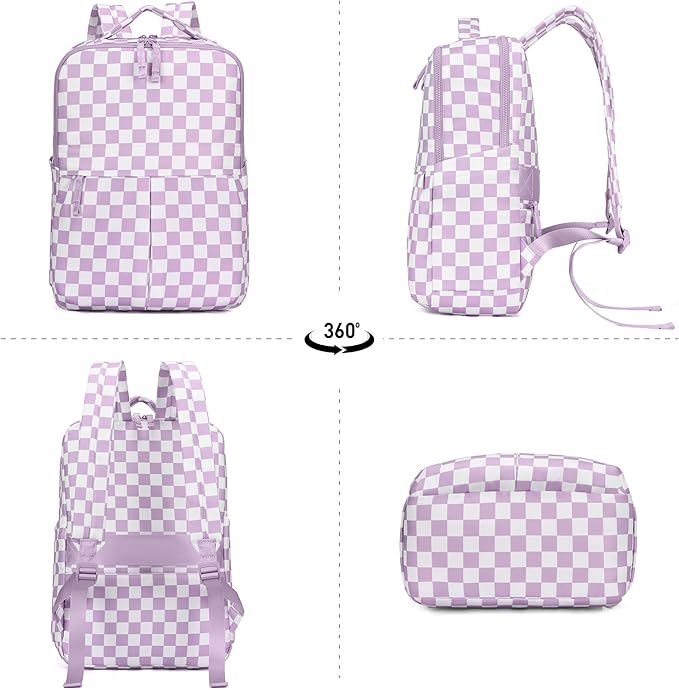 Checkered Backpack for Women Fashion Backpacks with Laptop and Multi Compartment for Travel and Work Light Purple Check