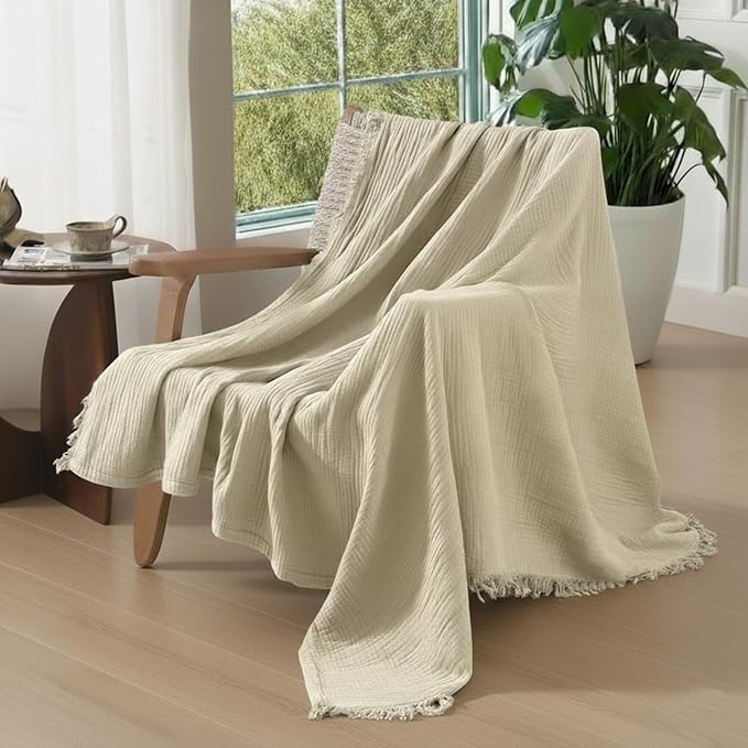 KyraHome 100% Organic Cotton Msulin Throw Blankets, Queen 90"x90", Pre-Washed Plant Dyed, Breathable Lightweight Soft Gauze Summer Blankets for Adults, Bed, All Season, Oatmeal Khaki