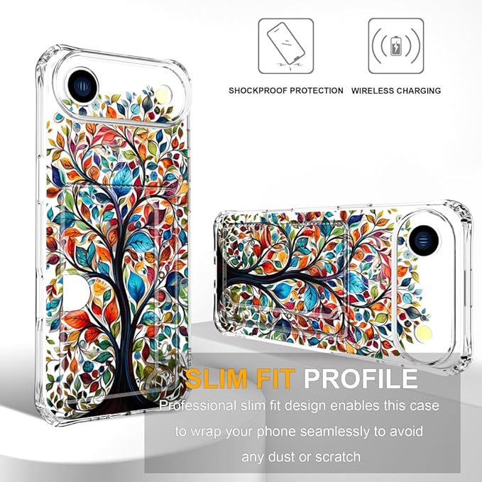 Compatible with iPhone 17 Air Case Card Holder for Women Cute Design,Wallet Phone Cases Transparent Cool Kawaii Protective (Clear Tree Colorful Leaves)