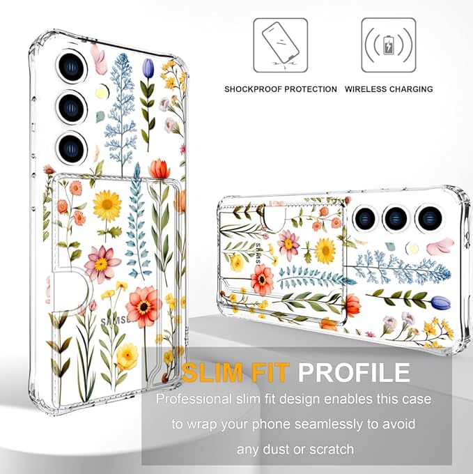 Compatible with Samsung Galaxy S24 / S25 Case Card Holder for Women Cute Design,Wallet Phone Cases Transparent Cool Kawaii Protective (Clear Multicolored Flowers Branches)