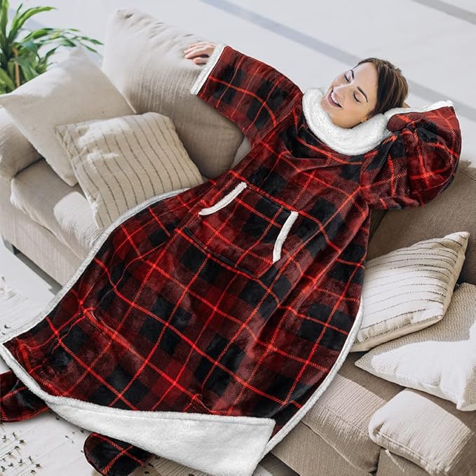 PAVILIA Sherpa Blanket with Sleeves, Foot Pocket for Women Men Adults, Thick Wearable Blanket Throw Wrap, Fleece Warm Snuggle Blanket Robe, Cozy Gift Ideas Wife Mom, Plaid Red
