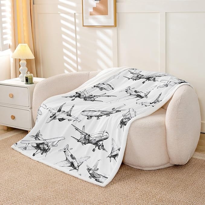 Airplane Kids Throw Blanket,American Aircraft Retro Bed Blanket for Girls Boys Adults,Air Vehicles Airplane Fleece Blanket,Black White Chic Fuzzy Blanket,Twin Size (60 x 80 Inches)