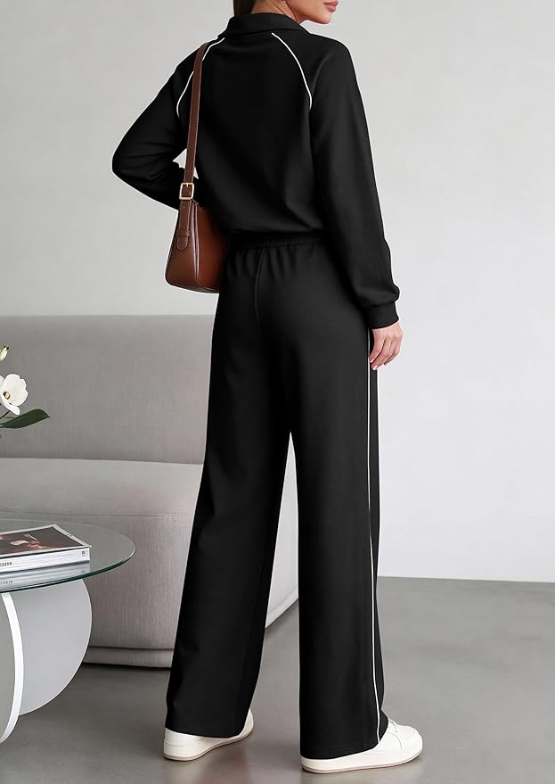 PRETTYGARDEN Women's 2 Piece Outfits Casual Lapel Half Zip Sweatshirts and Wide Leg Pants Tracksuit Sets