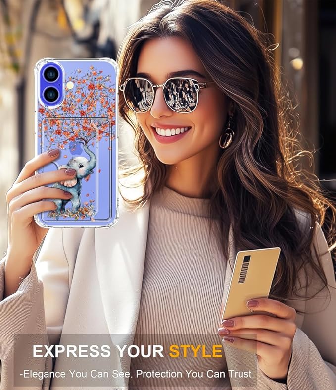 Compatible with iPhone 16 Plus Case Card Holder for Women Cute Design,Wallet Phone Cases Transparent Cool Kawaii Protective (Clear Elephant Creating Flowers)