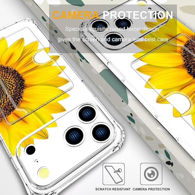 Compatible with iPhone 17 Pro Case Card Holder for Women Cute Design,Wallet Phone Cases Transparent Cool Kawaii Protective (Clear Sunflower Sun Flower)