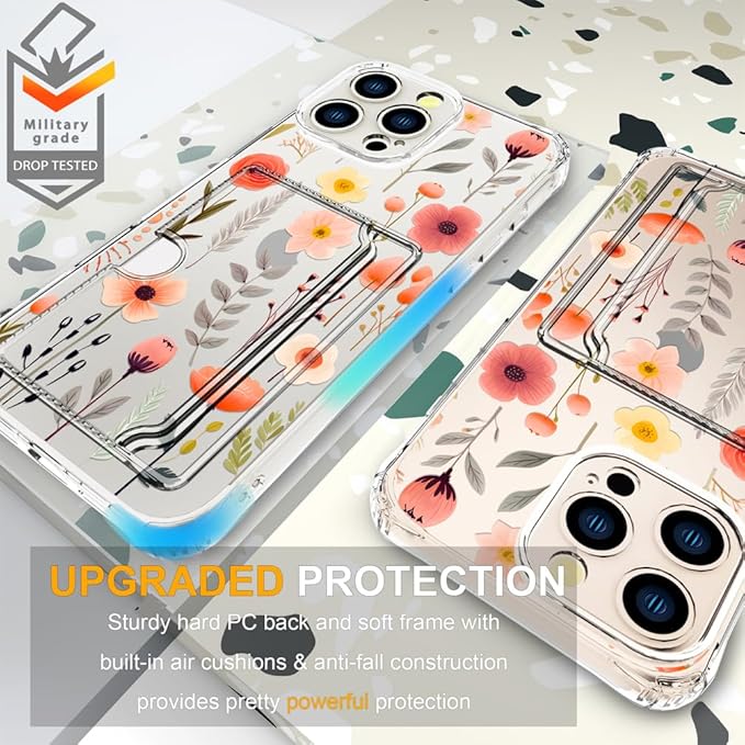 Compatible with iPhone 16 Pro Case Card Holder for Women Cute Design,Wallet Phone Cases Transparent Cool Kawaii Protective (Clear Flowers Leaves)