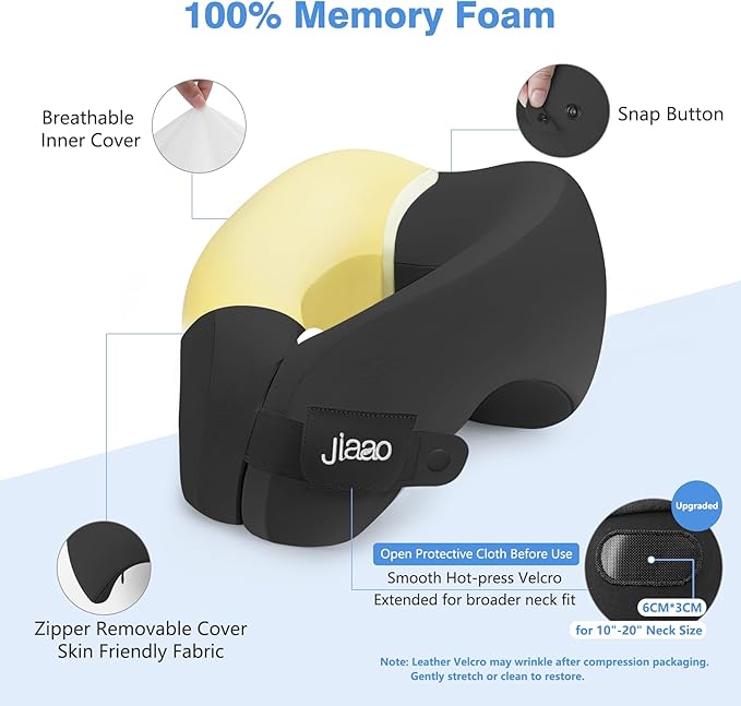 jiaao Neck Pillow Airplane, Memory Foam Travel Neck Pillows for Long Flight, 3D Eye Masks, Ear Plugs and Portable Drawstring Bag, Napping Pillow for Home, Road Trips, Sleep Rest and Travel Use