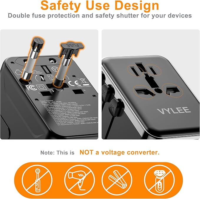 VYLEE Universal Travel Adapter, PD45W GaN International Power Adapter with 3 USB C and 1 USB A Charging Ports, All in One Power Outlet, Worldwide Plug Adapter for US to European UK AUS Ireland