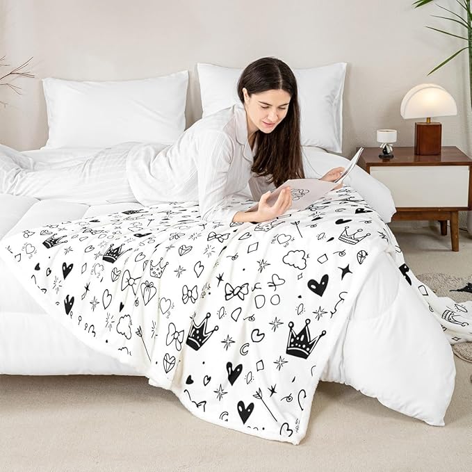 Cartoon Crowns Kids Throw Blanket,Bowknot Diamond Cute Bed Blanket for Girls Boys Adults,Starry Sky Romantic Fleece Blanket,Black White Unique Fuzzy Blanket,Queen Size (90 x 90 Inches)