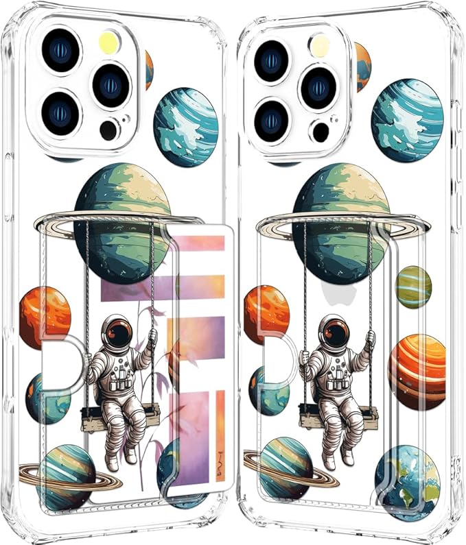 Compatible with iPhone 16 Pro Max Case Card Holder for Women Cute Design,Wallet Phone Cases Transparent Cool Kawaii Protective (Clear Astronaut Space Planets)
