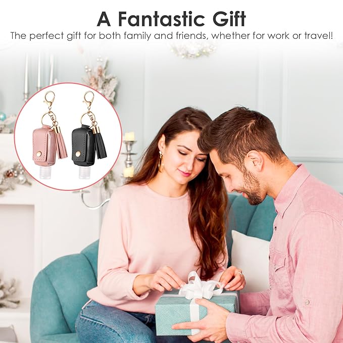 2Pcs Portable Leather Hand Sanitizer Holder, Travel Size Keychain Case Refillable Bottle for Toiletry Lotion Liquid Soap Shampoo (Black, Pink)