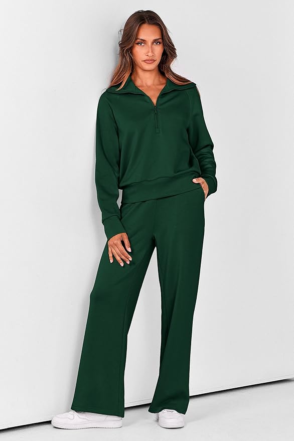 PRETTYGARDEN Women's 2 Piece Outfits Casual Lapel Half Zip Sweatshirts and Wide Leg Pants Tracksuit Sets