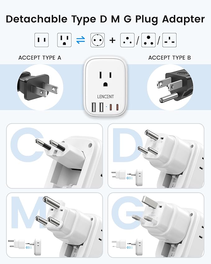 LENCENT Type C and Type D G M Universal Travel Adapter Kit with 4 Outlets 4 USB Ports(2 USB C), International Power Adapter Plug for Botswana Sri Lanka Europe UK Italy Ireland South Africa India