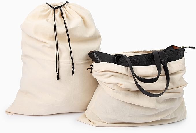 Muslin Cotton Storage Bags with Drawstring - Toy & Shoe Storage for Travel - Dust-proof, Lint-free (3 Small: 15"x12")
