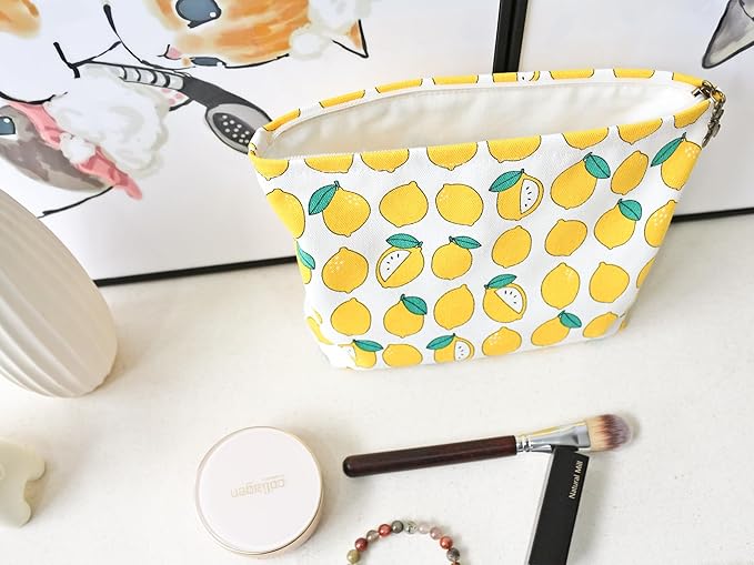HAPPYHEIDI Canvas Makeup Bag, Cosmetic Travel Pouch, Cute Lemon, Cotton Blend, Fruit Pattern, Zipper Closure, 7.1x2.4x7 Inches