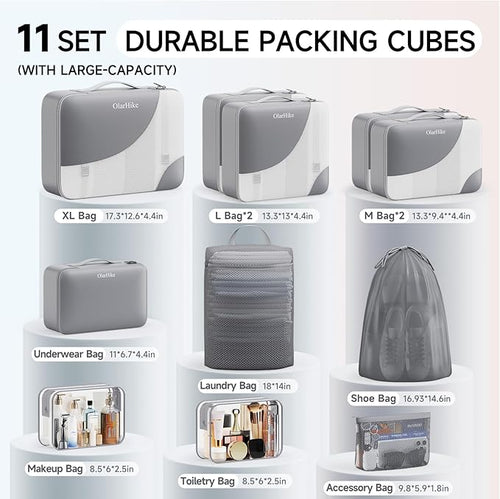 11 Set Packing Cubes for Travel, Gifts for Women Mom Kids, TSA Approved Bags for Makeup, Cosmetic, Toiletry, Suitcase Organizers for Checked Luggage, Cruise Essentials,Airplane Accessories, Grey