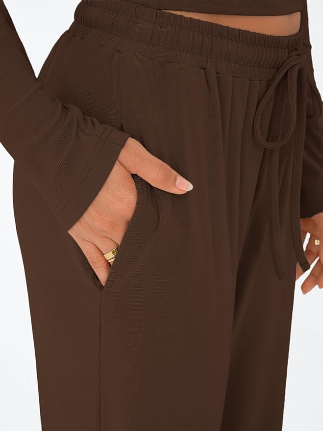 Trendy Queen Women's 2 Piece Matching Lounge Set Long Sleeve Side Ruching Top Wide Leg Drawstring Pants Set with Pockets