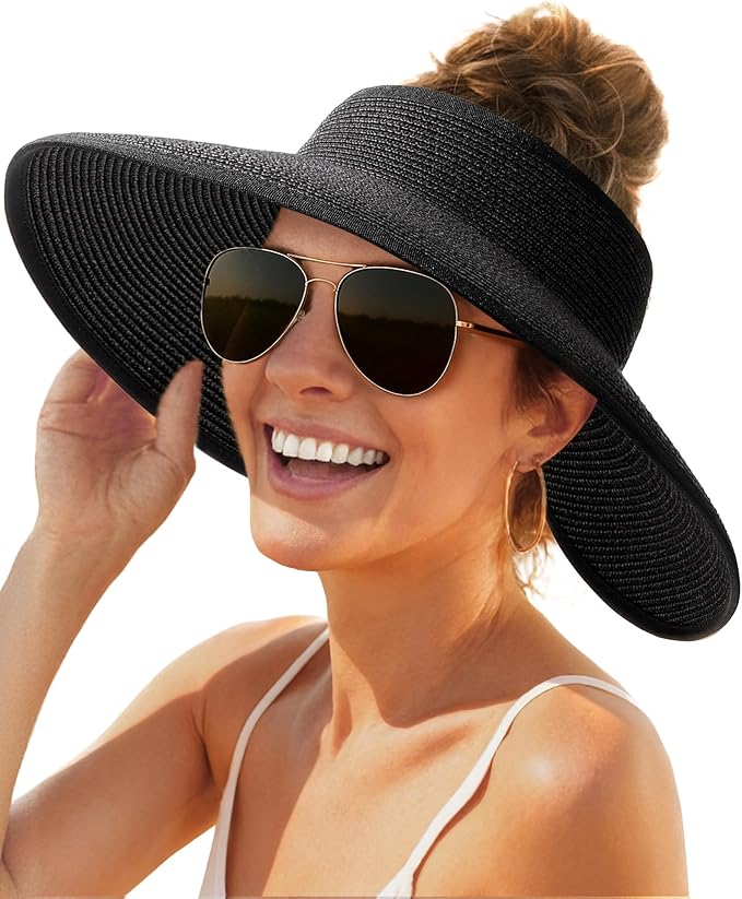 FURTALK Sun Hats for Women Wide Brim Beach Hat Straw Visor Ponytail Summer UV Packable Foldable Beach Vacation Essentials