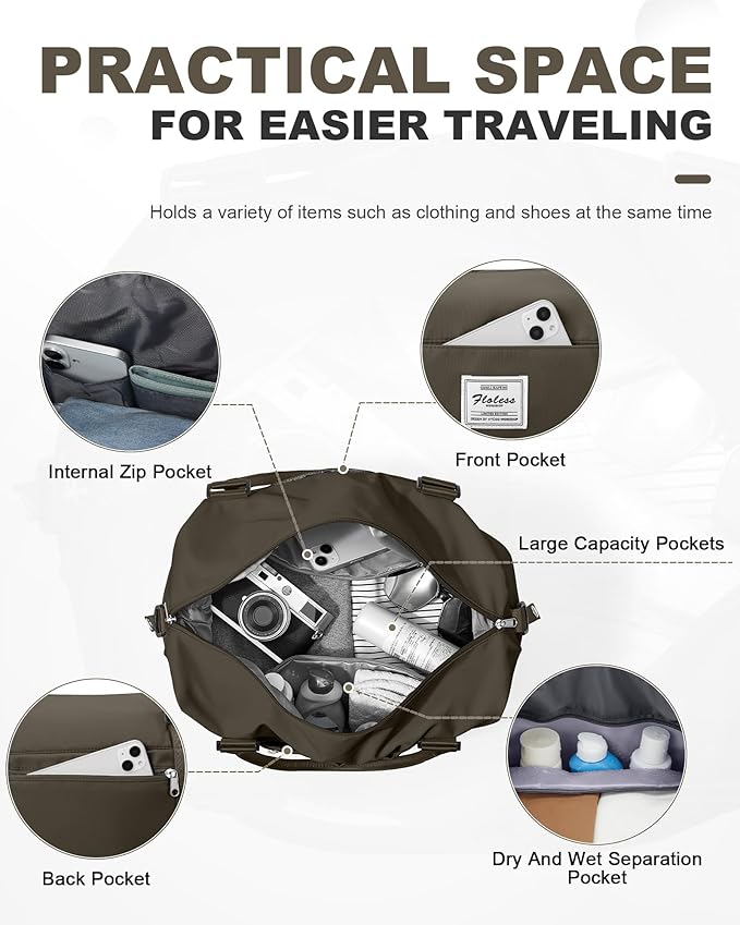 Spirit Travel Duffel - 18x14x8 Inches Weekender Overnight Bag with Shoes Compartment, Trolley Sleeve, Carry On for Airplanes, Sport Tote Gym Bag - Dark Brown