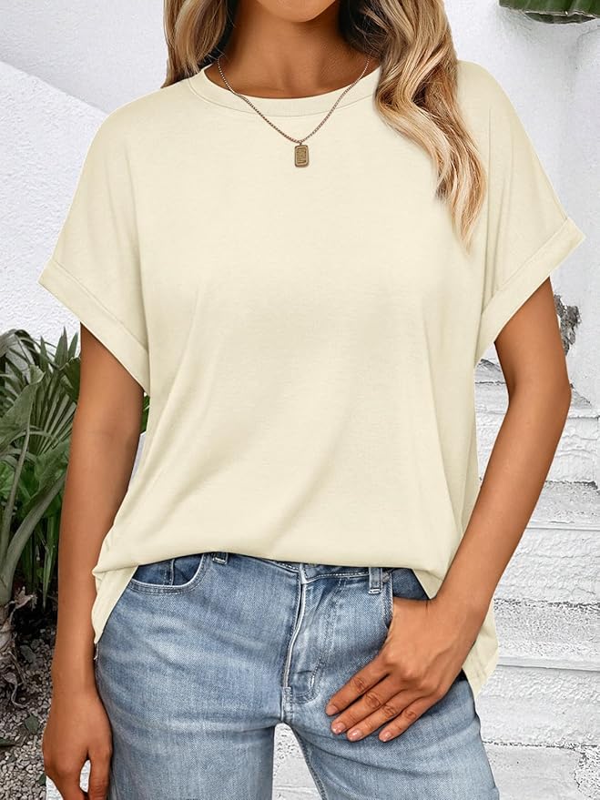 AUTOMET Women's Oversized Short Sleeve T Shirts Casual Drop Shoulder Rolled Cuff Summer Tops for Work, Travel and Lounge