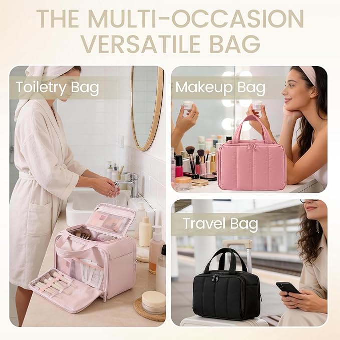 Travel Makeup Bag,Puffy Toiletry Bag for Women,Cosmetic Travel Bag Lightweight,Toiletries Organizer with Trolley Sleeve,White