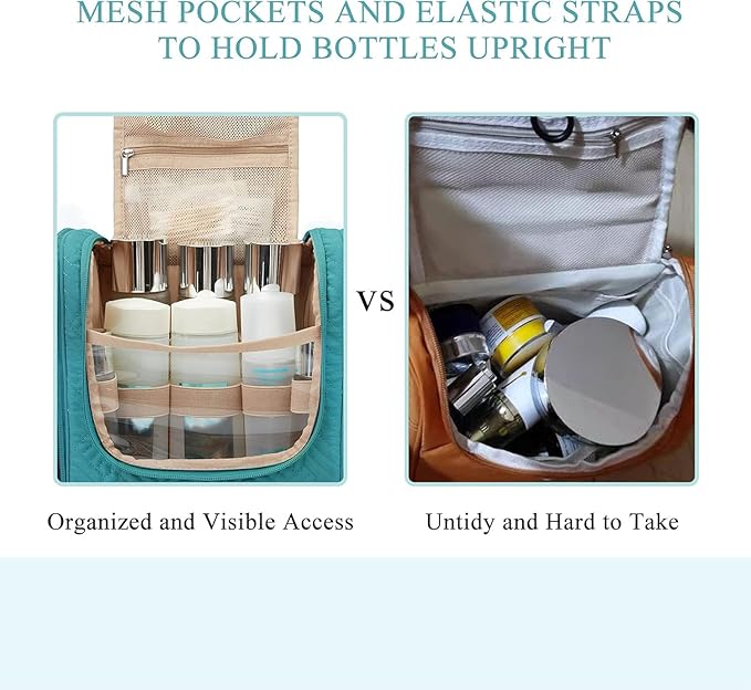 BAGSMART Atlas Travel Toiletry Bag for Women, Hanging Toiletry Bag with Hook, Travel Cosmetic Makeup Bag Travel Organizer for Accessories, Shampoo, Full Sized Container, Toiletries,Blue-Medium