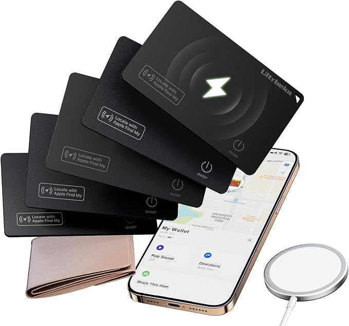 Ultrbeka Wallet Tracker Card IP68 Waterproof Rechargeable Bluetooth Tracker for Wallets, Passport, Work with Apple Find My, iOS Only [Apple MFi Certified]- 5pcs / 1* Wireless Charger