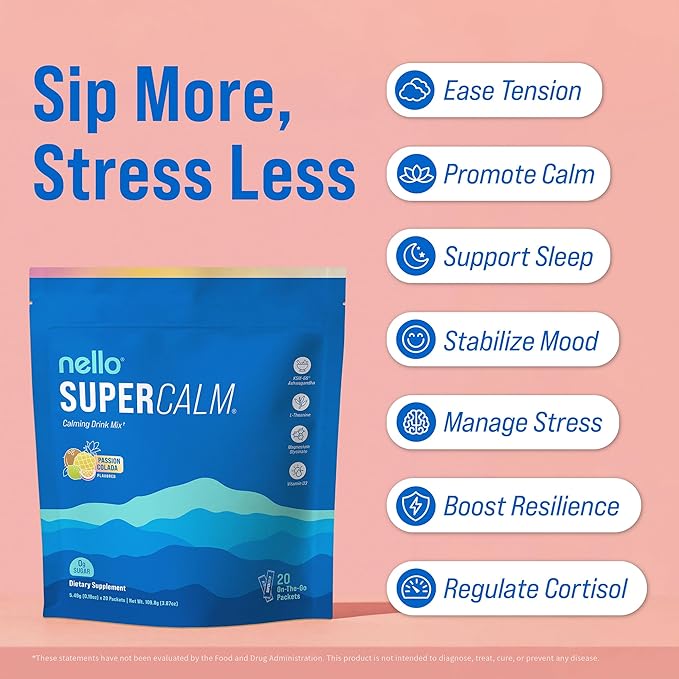 Nello Supercalm Powdered Drink Mix, Cortisol Reducer* and Sleep Aid Supplement, L Theanine, Ksm-66 Ashwagandha, Magnesium Glycinate, Vitamin D 3, No Sugar, Non GMO, On The Go, 20 Ct, Passion Colada
