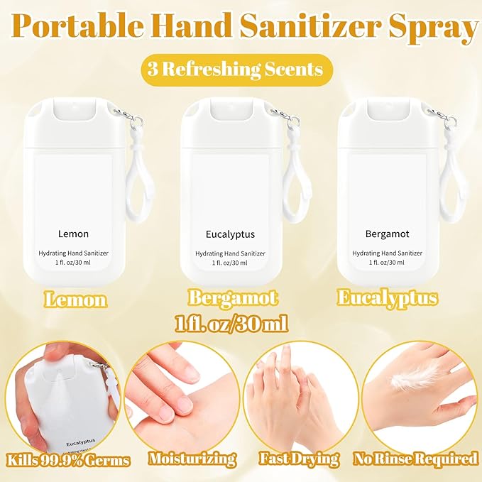 3 Pcs Power Mist Hydrating Hand Sanitizer Spray Bulk with Keychain Travel Size Hand Sanitizer Pocket 1 Fl. oz Spray Bottle for Daily Use Family Friends Teacher Nurse Employee Appreciation Gifts