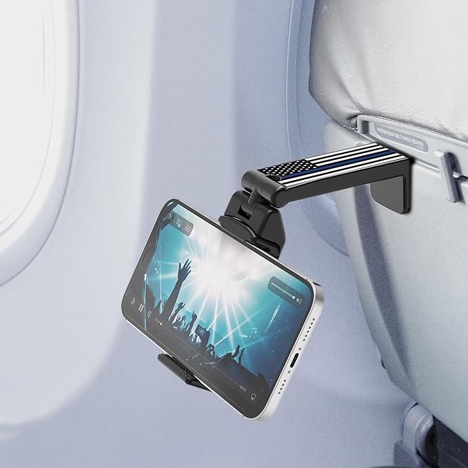 Beyond Cell Travel Accessories, Universal Seat Back Tray Table Hands Free Phone Clip Holder, Adjustable Pocket Size Airplane Travel Essentials Compatible with iPhone and Android Thin Blue Line Flag